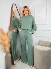Conjunto Feminino de Frio Verde Menta em Tricot Mousse Canelado Blusa Oversize e Calça | Veste 36 ao 44 Padrão Texturizado Tecido tipo lã Bolso Cordão    Roupas Femininas Diário Outono/Inverno - Verde Menta - Visão 2
