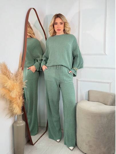 Conjunto Feminino de Frio Verde Menta em Tricot Mousse Canelado Blusa Oversize e Calça | Veste 36 ao 44 Padrão Texturizado Tecido tipo lã Bolso Cordão    Roupas Femininas Diário Outono/Inverno