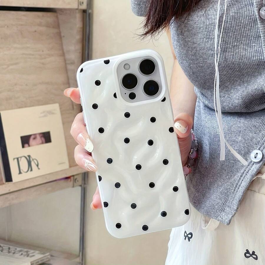 Funda protectora negra con lunares, acabado brillante con efecto arrugado y resistente a caídas. Compatible con phone 16 Pro, 15 Plus, 14, 13, 12 y 11. Como regalo de Año Nuevo, Pascua o Halloween para amigos y familiares - Blanco - Ver 1