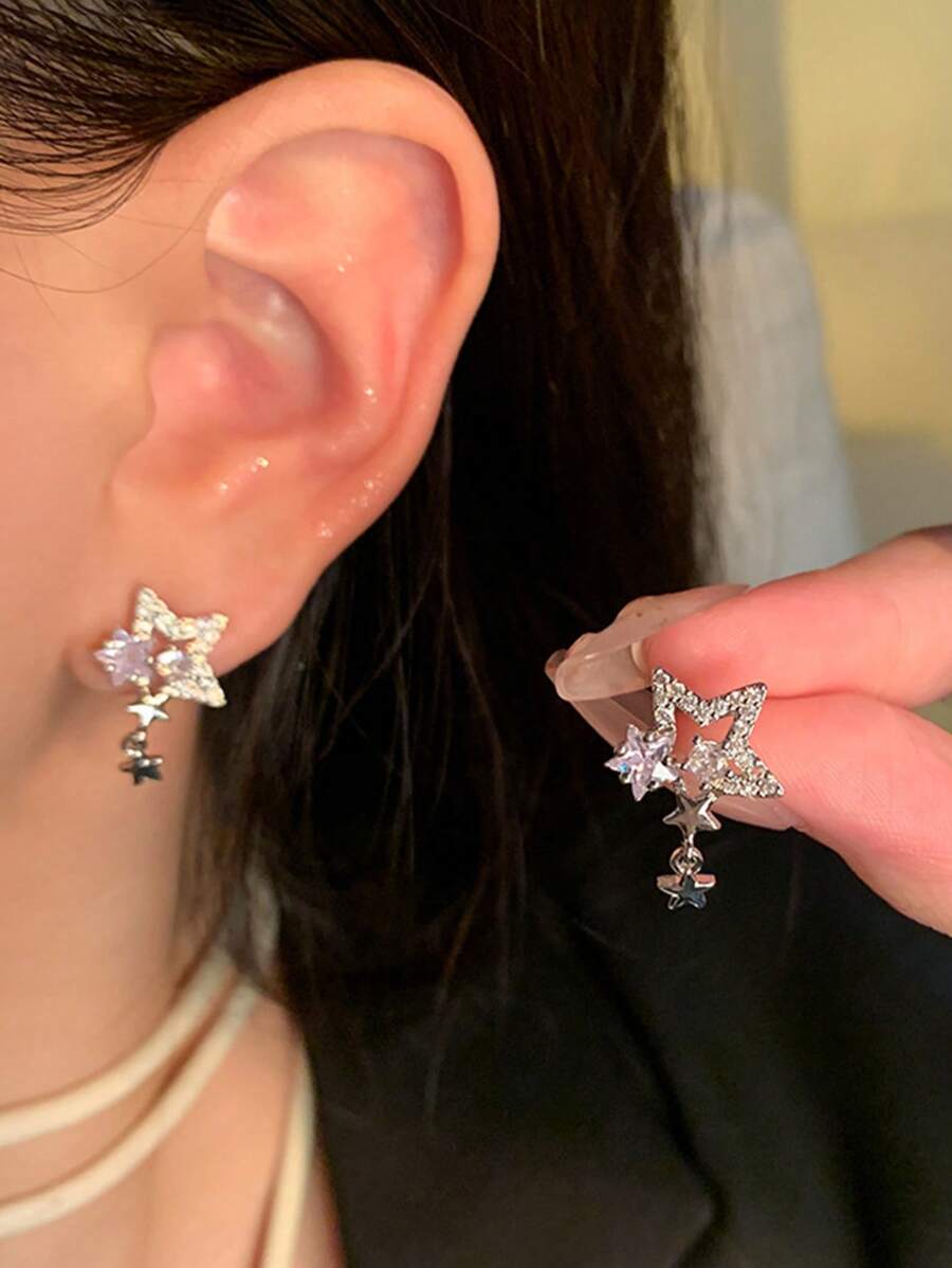 1 Par de Brincos com Borla de Estrela de Zircônia, Brincos Elegantes de Nicho de Luxo Exclusivos e Sofisticados