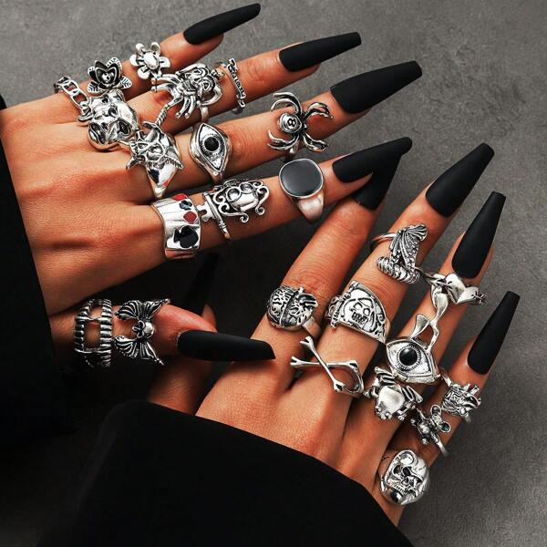 24 pièces Bagues vintage exagérées, motifs tête de mort punk sombre, araignée, carte à jouer. Accessoires