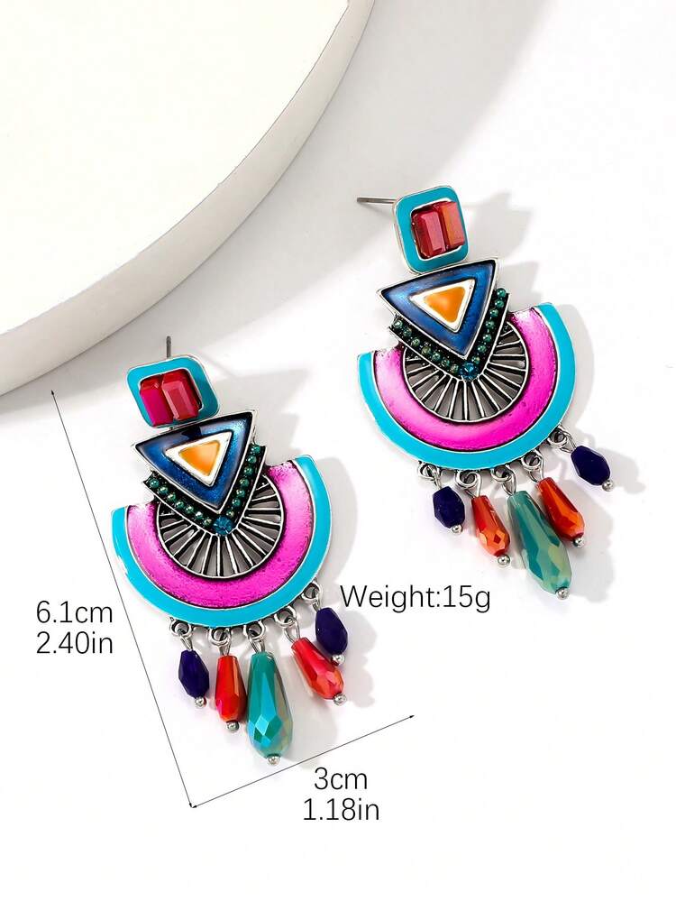 1 Pair Handmade Bohemian Enamel Crystal Drop Earrings, Floral Pattern And Color Placement Are Randomly Designed, Slight Variations In Shape And Hue
