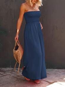 Women's Casual Summer Jumpsuit Strapless Sleeveless Smocked Wide Leg Chiffon Romper With Pockets - 藏蓝色 - 查看 3