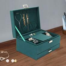 Organizador de joyas exclusivo con 3 cajones de terciopelo y 6 ganchos, estuche de diseño verde esmeralda de 24 x 17 x 11 cm, hecho a mano en madera con superficie antiarañazos, para joyero y almacenamiento de joyas. - Verde - Ver 2