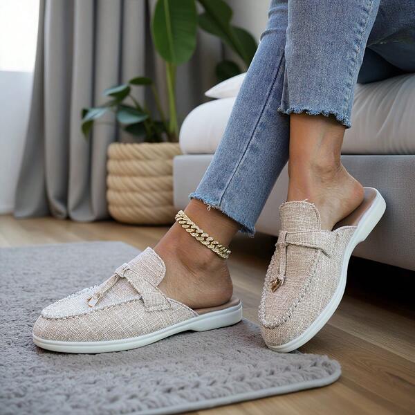 2025 Solid Color Casual Fabric Fringe Slip-On Mules For Women, Suitable For Home Wear All Season