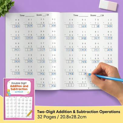 Lachilly 32 Pages Two-Digit Maths Arithmetic Addition & Subtraction Workbook Preschool Early Learning Math Training Books Mental Arithmetic Exercise Book For Kids