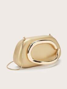 1 件欧美时尚金属装饰迷你盒式手拿包，迷人金属饰边女士派对手提包，优雅奢华的晚礼服感觉，皮革设计派对/婚礼/舞会手拿包配金属链，优雅的舞会包 - 金色 - 查看 2