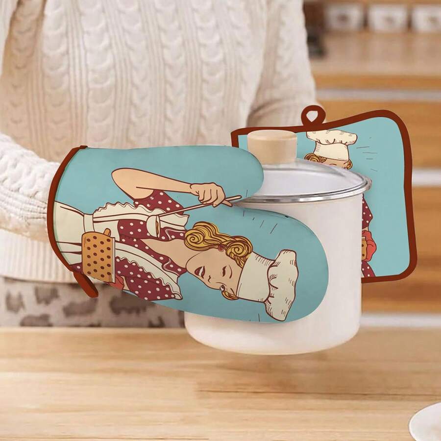 Heat Resistant Oven Gloves & Pot Holders, Cartoon Apron With Mom Pattern Microwave Gloves, Polyester & Cotton Padded Double-Layer Heat Insulation Gloves & Pads, Kitchen Cooking Microwave Oven Gloves & Mat Set