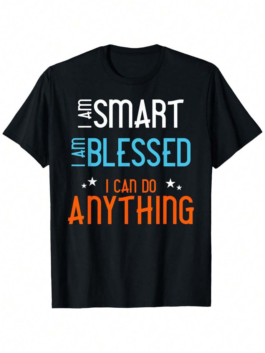 Children's Inspirational "I'm Smart,Can Do Anything"T-Shirt - Soft Cotton,Breathable Short Sleeved Top,Suitable For Boys And Girls,Short Sleeved - Black - View 1