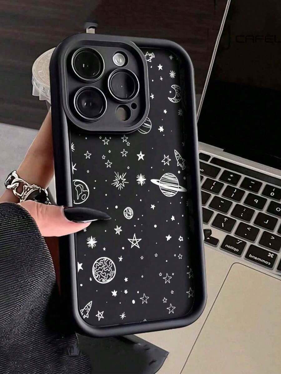 1pc Thickened Shockproof Fashion Alien & Starry Print Phone Case, Compatible With Apple Suitable For IPhone 17 Air - Black - View 1