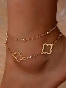 1pc Double Layer Hollow Four-Leaf Clover Pendant Anklet, Fashionable & Elegant, Suitable For Gifts, Parties And Daily Wear