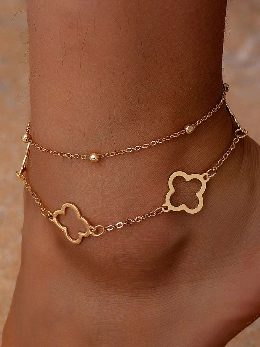 1pc Double Layer Hollow Four-Leaf Clover Pendant Anklet, Fashionable & Elegant, Suitable For Gifts, Parties And Daily Wear