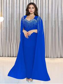 Elegant Sparkling Rhinestone Women's Extra Long Sleeve Long Dress Birthday Party Graduation Prom - Blue - View 1