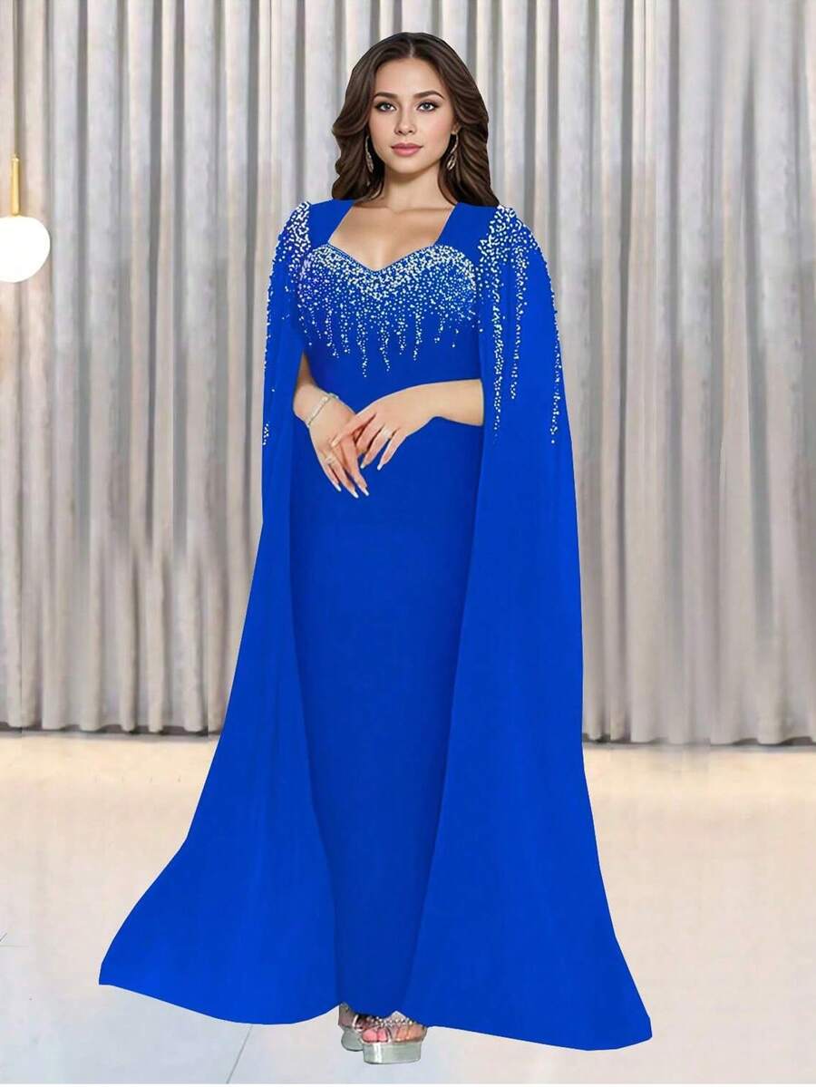 Elegant Sparkling Rhinestone Women's Extra Long Sleeve Long Dress Birthday Party Graduation Prom - Blue - View 1