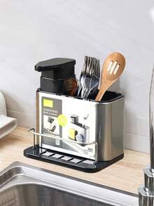 Stainless Steel Kitchen Utensils Storage Rack, Knife Holder, Spoon Fork Chopsticks Cookware Organizer Tray Stand - Silver - View 2