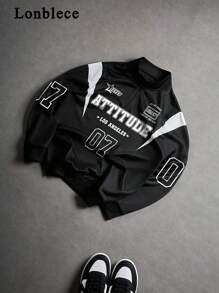 Lonblece 男士半拉链/四分之一拉链卫衣，黑白拼接赛车号码图案印花，休闲四分之一拉链套头衫，秋季款，长袖上衣