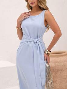 Women's Dress With Sophisticated Fit And Front Knot Knot Knot At The Front - 寧靜藍 - 查看 4