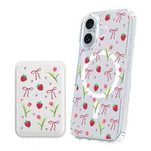 [Magnetic Mobile Phone Case + PU Leather Magnetic Phone Card Holder]  For Sam Galaxy S22 S23 S24 FE Ultra S25 Edge Transparent Wireless Charging, Cherry, Bow, Heart, Dot And Floral Design Cellphone Protective Cover For IPhone 17 Air 16 15 14 13 12 11 Plus Pro X XS Max Compatible With MagSafe - 蝴蝶結豹紋和櫻桃色 - 查看 3