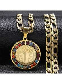 多彩水晶聖本篤獎章項鍊，男女皆宜不鏽鋼金色鏈子項鍊