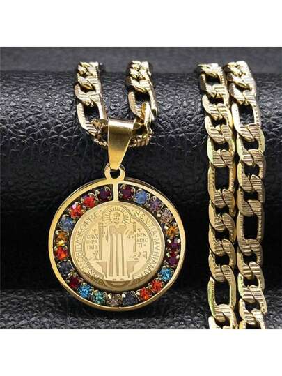 Colorful Crystal Saint Benedict Medal Necklace Women Men Stainless Steel Gold Color Chain Necklace