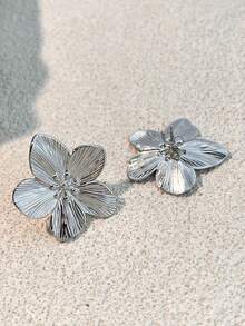 4pcs Fashionable Stainless Steel Ladies' Jewelry Set, Including Silver Flower Ring, Bracelet, Earrings, Suitable For Daily Wear, Dates, Beach Parties, And As Valentine's Day Gift Valentines - Silver - View 12