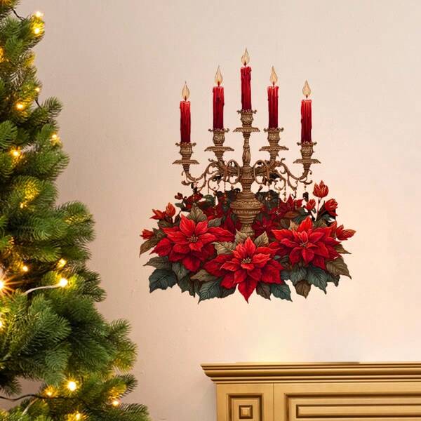 Adesivos de parede com velas natalinas aconchegantes - Vela vintage com suporte e design de flores - Decoração rústica de fazenda para festas - Autoadesivo, fácil de remover e colar, removível para sala de estar, quarto, cozinha, banheiro, presente de Natal ideal para decoração de casa, decorações de Natal para interiores, design de interiores sazonal