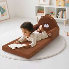 Kids Couch, 2-In-1 Convertible Soft Sherpa Fabric, Toddler Chairs Comfy 1-5 Years Old, Cartoon Animal & Crown Design, Toddler Furniture For Bedroom And Playroom, Bear, Medium - 棕熊三折 - 查看 5