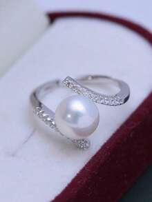 1枚精致女士仿珍珠戒指，镶嵌立方氧化锆，浪漫婚礼订婚首饰（无盒） - 銀色 - 查看 3