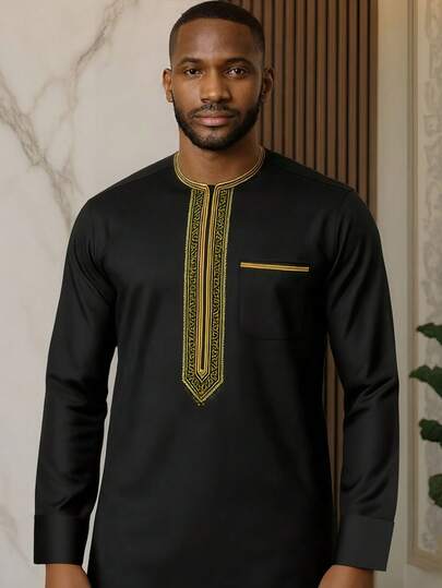 Nouveau Top dashiki pour hommes, broderie dorée, chemise à manches longues col rond, décontractée élégante, vêtements africains, chemise décontractée pour hommes, convient pour les fêtes, les rendez-vous, les mariages, les affaires, le port quotidien, les événements culturels, les cérémonies et les célébrations