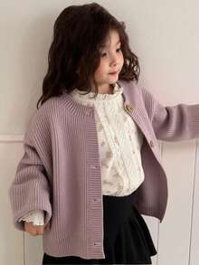 Dazy Kids Young Girl Solid Color Drop Shoulder Long Sleeve Single-Breasted Casual Cardigan, Autumn/Winter - Brown - View 6