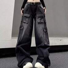 Jupkem Womens Y2k Baggy Cargo Jeans Wide Leg Straight Leg Retro Distressed Multi-Pocket Goth Pants Hip Hop Street Style Harajuku Clothes