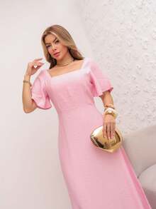 A&DD MODA, REF: 8025 Women's Short-Sleeved Lotus Edge Dress, Solid Color, Long A-Line Skirt, Temperament Slim Waist Skirt For Summer 2025 - 粉色 - 查看 5