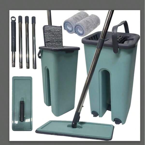 Flacher Mop mit Bodenwischer + Eimer mit zwei Fächern, Schnell Trocknende Reinigungsmatte, Starker Boden Mop mit Eimer, Flexible Küchenhahn Reinigungsartikel, flacher flexible 360° Mopkopf, wiederverwendbare Pads, Bodenreiniger für Zuhause