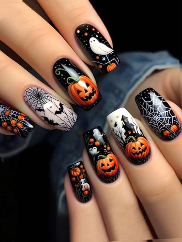 Unghie finte per Ognissanti, unghie a pressione da vampiro stile Y2K, 24 pezzi di punte acriliche a forma di bara lunga, unghie con punta francese nera, unghie a forma di bara lunga con motivi geometrici a righe, ragnatela, fantasma, zucca, pipistrello, set di unghie finte da donna in stile dolce, carino, minimalista ed elegante, con patch di unghie finte staccabili, adatte per vacanze, feste, amici, appuntamenti, uso quotidiano, inclusi 24 pezzi di linguette in gel e una mini lima