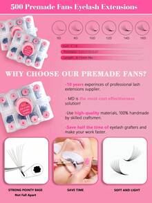 240PCS 500PCS 1000PCS Premade Fans Eyelash Extensions 240-1000 Fans Single Length 240 Fans 20D D Curl Handmade Volume Lashes Extensions 0.07mm Thickness 8-15mm Premade Volume Eyelash Extension Middle Stem Pointy Base Premade Lashes - D - View 8