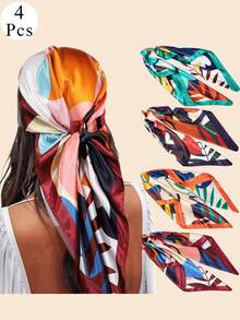 4PCS Satin Large Square Head Scarves - 35inch Silk Like Neck Scarf Hair Sleeping Wraps Satin Silk Scarfs For Women - 彩色 - 查看 1