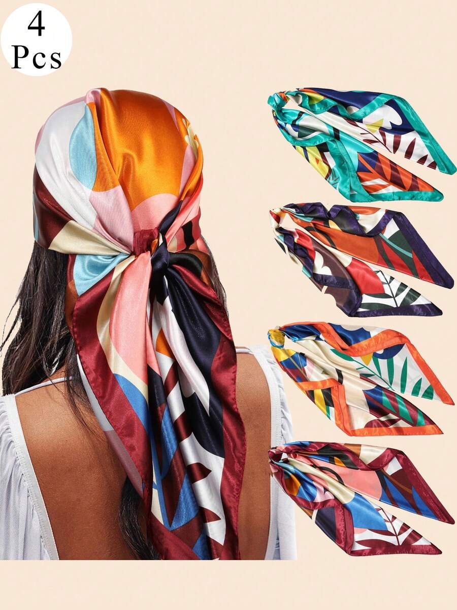 4PCS Satin Large Square Head Scarves - 35inch Silk Like Neck Scarf Hair Sleeping Wraps Satin Silk Scarfs For Women - 彩色 - 查看 1