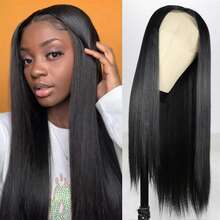 长直黑色13*4蕾丝前假发，自然黑色预拔毛合成蕾丝假发，高清蕾丝前假发，女士无胶耐热纤维 - 黑色 - 查看 1