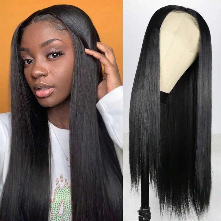 长直黑色13*4蕾丝前假发，自然黑色预拔毛合成蕾丝假发，高清蕾丝前假发，女士无胶耐热纤维 - 黑色 - 查看 1