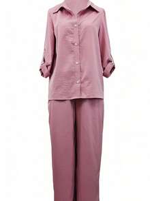 2 piezas Conjunto de Mujer: Camisa de Manga Larga con Cuello y Pantalones Casuales de Cintura Elástica Rosa Elegante de Verano - Rosa - Ver 4