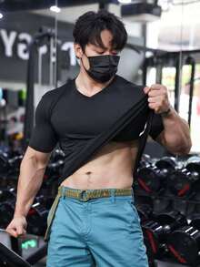 3pcs Men's Solid V-Neck T-Shirt Short Sleeve, Essential For Summer, Solid Color, Moisture-Wicking Polyester, Suitable For Outdoor Running And Workout, Machine Washable - Black - View 4