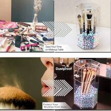 1 件带盖化妆刷架，防尘化妆刷收纳盒，简约塑料方形笔筒和化妆刷收纳桶，透明化妆品收纳，适用于卧室和家居必需品（无珍珠）