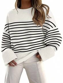 Women's Oversized Sweaters Fuzzy Chunky Warm Pullover Sweater/Vacation Outfits Women/Valentine Outfits For Women - Stripes White - 查看 1