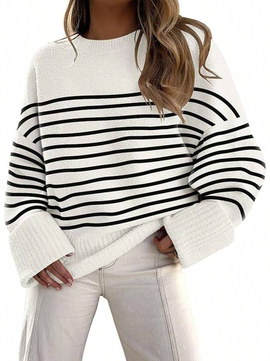 Women's Oversized Sweaters Fuzzy Chunky Warm Pullover Sweater/Vacation Outfits Women/Valentine Outfits For Women - Stripes White - 查看 1
