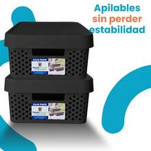 Caja organizadora Paris tapa plástico almacenamiento 11L caja multiusos hogar cocina baño oficina ropa juguetes práctica resistente transparente organizador versátil - Negro - Ver 2