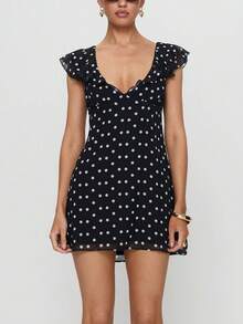 Women Y2k Dot Print Tank Mini Dress Flying Sleeve V Neck Ruffle Hem Bodycon Short Dress Summer Backless Slim Fit A-Line Going Out Dresses For Daily Party Club Wear - 黑色 - 查看 6