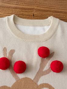 Tween Girl' Christmas Reindeer Pattern Knitted Pullover Sweater, Suitable For Christmas Party, Spring, Autumn, Winter