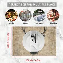 1pc/4pcs/6pcs Deer Head Printed Linen Placemats, Suitable For Dining Table, All Season Decor, Modern Washable Table Mats, Room Decor, Coasters, Kitchen Dining Mats, Indoor Outdoor Party Decoration, Home Decor, Ideal Gift - Multicolor - View 9