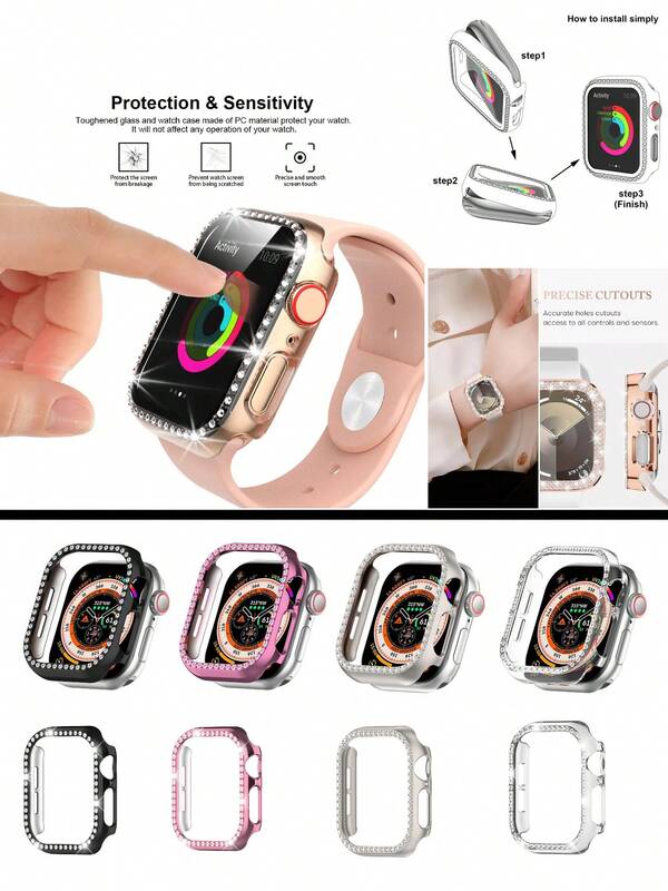 Compatible Series Protection Case, Single Row Rhinestone Hollow Half Cover, 40mm/44mm Case/Screen Protector, Black/Starlight/Pink/Transparent