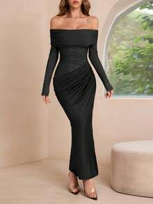 WOWDARK Women's Solid Off Shoulder Mesh Hollow Out Fitted Long Dress, Sexy & Flattering, Autumn